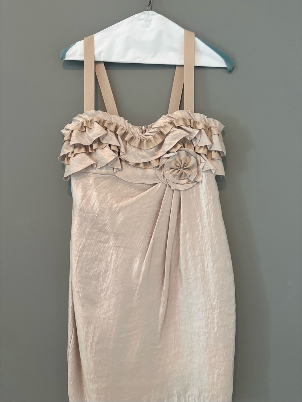 Boston Proper Strapless Ruffle Rosette Satin Dress in Light Beige